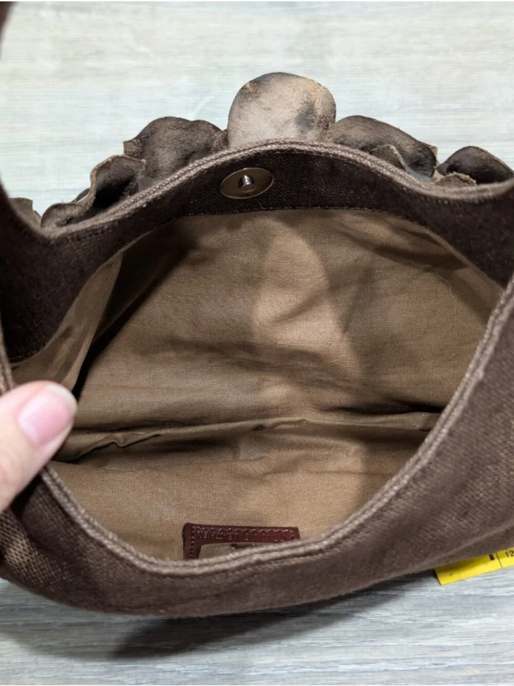 Paolo Masi Italian Leather and Brown Canvas Shoulder Bag Floral Applique Boho